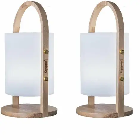 LUMISKY Lot De 2 Lanternes Sans Fil Design Scandinave Poignée Bois Naturel LED Blanc Chaud/blanc Dimmable WOODY H37cm 1 LUMISKY Lot De 2 Lanternes Sans Fil Design Scandinave Poignée Bois Naturel LED Blanc Chaud/blanc Dimmable WOODY H37cm