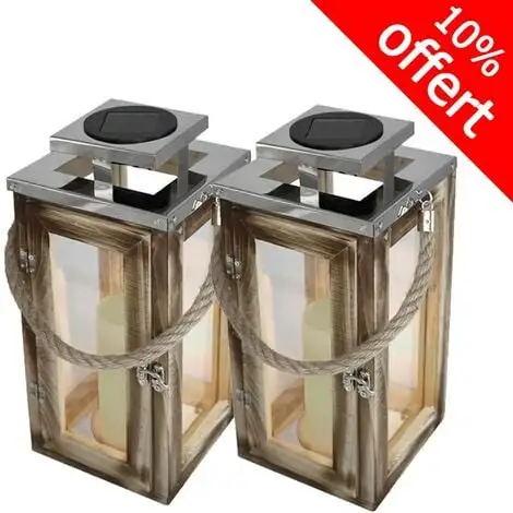 LUMISKY Lot De 2 Lanternes Lumineuses En Bois Solaires OAKY 1 LUMISKY Lot De 2 Lanternes Lumineuses En Bois Solaires OAKY